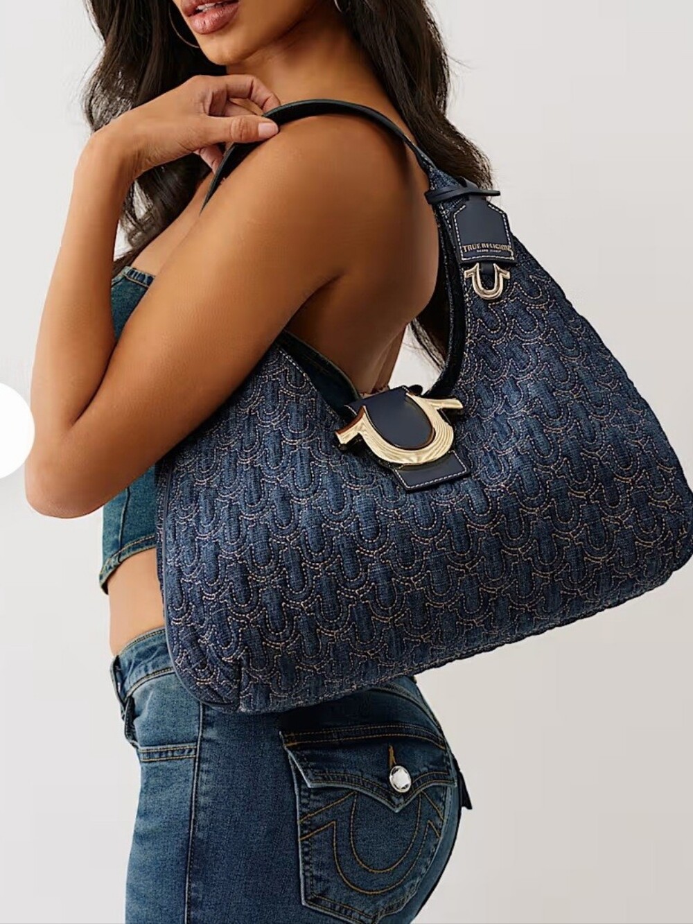 True Religion Navy Denim Hobo Bag with Gold Hardware - Picture 2 of 8